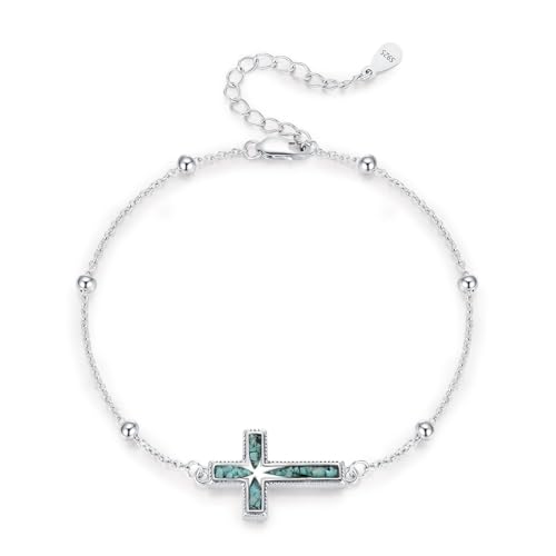 Turquoise Cross Bracelet for Women, 925 Sterling Silver Adjustable Religious Cross Western Jewelry for Her