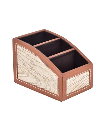 Image of Premsons Classic Remote Holder - 3 Section Tabletop Organizer in Light Brown | Faux Leather with Refined Wooden Finish | Decorative & Practical Organizer - Orange