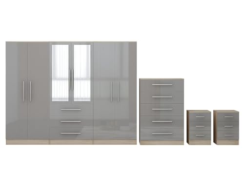 Gloss GREY Large Wardrobe Set - 6 Door 3 Drawers & Long Mirror + Chest Of Drawers + 2x Bedsides