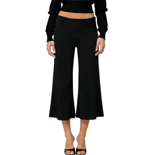 Seyurigaoka Fold Over Capri Gaucho Pants for Women Cropped Wide Leg Flowy Gauchos Low Rise Flare Yoga Palazzo Culottes (A Solid Black S)