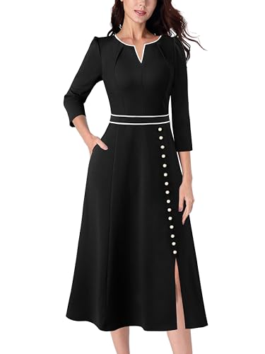 VFSHOW Womens 2024 Pleated Notch Neck Front Slit Buttons Pockets