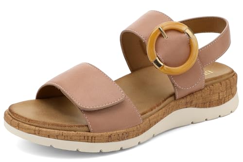 Image of UBFEN Womens Low Wedge Walking Sandals with Arch Support | Open Toe Sandals Adjustable Instep and Ankle Straps for Summer Everyday Outfits, Travel,Vacation