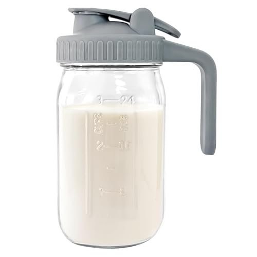 Image of JunVpic Breast Milk Pitcher - 32 oz Glass Mason Jar with Dual Leak-Proof Design, Airtight Seal, Pour Spout & Handle, Storage Container for Breastmilk, Iced Tea & Ice Drinks（Gray）