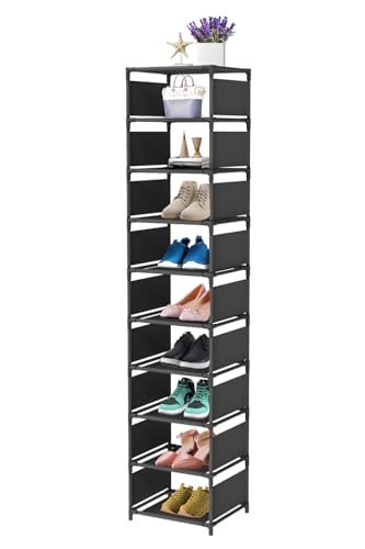 esonstyle 10 tier Shoe Rack Tall Shoe Rack for Narrow Space Vertical shoe rack for 10 Pairs Non-Woven Fabric Shelves Metal shoe rack for Hallways Kitchens and BedroomsShoe Stand Black