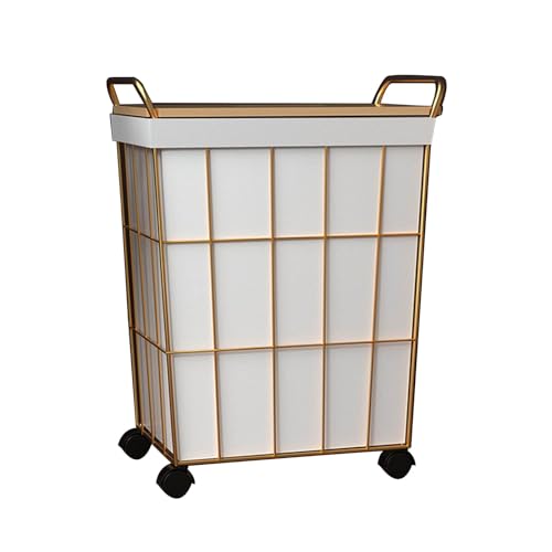Panier à linge en fil de fer sur roulettes doré avec doublure