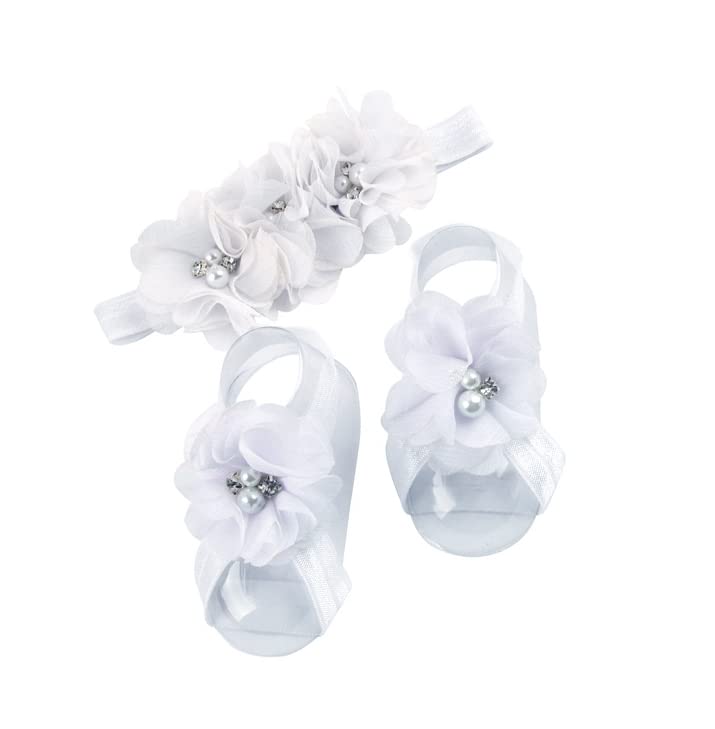 Baby girls infant crochet butterfly headbands and knitted flower barefoot sandals.(BBFJ3) (Flower White)2