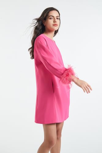 Image of D-Sun Women Feather Dress 3 /4 Feather Sleeves Mini Dress | Round Neck,Elegant Party Dress, Wedding Guest Cocktail Dresses with Pocket