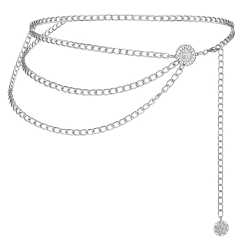JIEYAO Taillenkette für Damen,Metall Kettengürtel Mehrschichtig Verstellbarer Körperkette Vintage Hüftkette Bauchkette Taille Kette für Damen Mädchen Kleid Jeans (Silber,90cm/35.4in)
