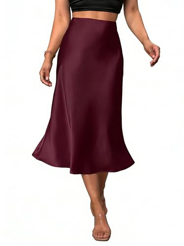 Womens Satin Midi Skirt Elegant Fishtail Silk A Line Casual Skirts for Party Wedding (Red Violet/Purple Medium)