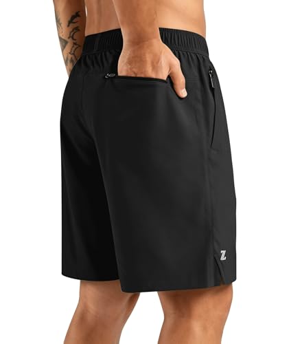 ZITY Men's Athletic Gym Shorts 7 inch Inseam Quick Dry Lightweight Breathable Running Workout Shorts with 3 Zipper Pockets Black XL