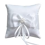 Uso múltiple: esta almohada para portador de anillo con nudo de lazo blanco se puede usar para decoración de bodas y compromisos, soporte de anillos, decoración de habitaciones y accesorios para fotomatón.