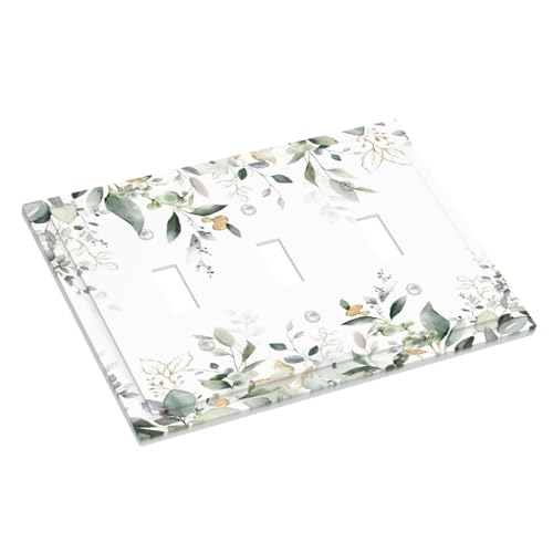 Decorative Switch Plate Covers Rustic Ink Green Eucalyptus Leaves Sage leaf 3 Gang Light Switch Cover Plate Triple Toggle Wall Plate Light Switch Covers for Country Bedroom Home Decor