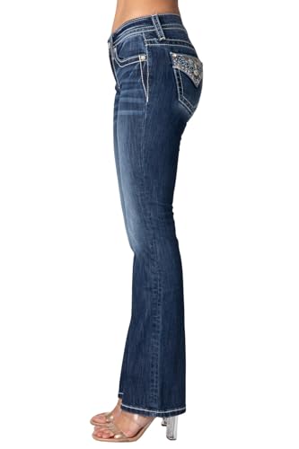 Miss Me Women's Cool Border Mid-Rise Bootcut Jeans with Embellished Faux Flap Pockets3