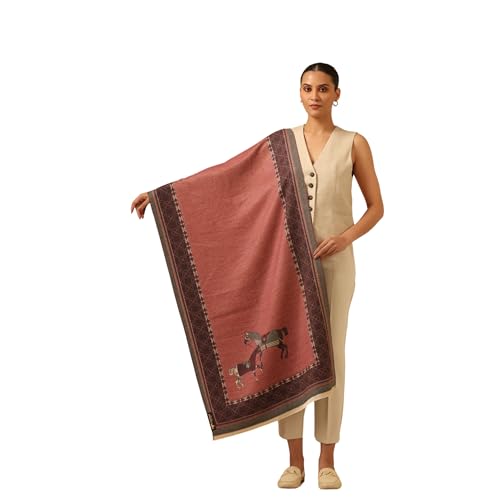 Dusala Luxurious 100% Cashmere Reversible Stole - Handmade, Soft and Warm Wrap with Royal Horse Print - Vegan Scarf, Versatile Fashion Accessory for All Seasons - 28x80 (71x203) Red, Beige & Grey