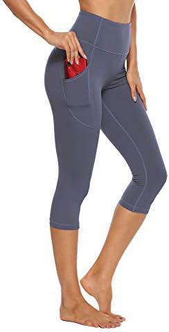 Stelle Womens High Waisted Legging Yoga Pants with Pockets for Gym Workout (Cotton Like Softness-Grey Blue, Large)