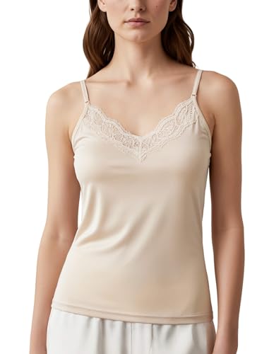 COLD POSH Women's Pure Mulberry Silk Knit Camisole Lace Deep V-Neck Soft Spaghetti Strap Cami Tank Tops for Women Undershirt(Champagne,Large)