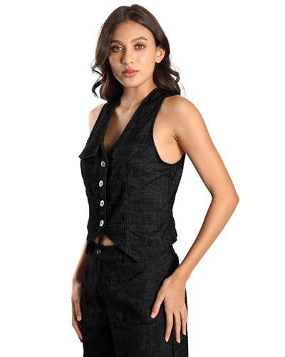 Women's Linen Blend Denim Vest Sleeveless V Neck Button Down Jean Waistcoat Jacket3