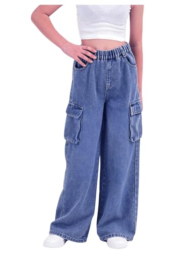 Verdusa Girl's Loose Wide Leg Denim Cargo Pants Elastic Waist Jeans with Pockets