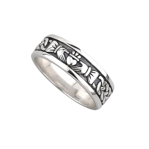 Men's Irish Claddagh Wedding Band, 925 Sterling Silver Groom's Ring, Oxidized Black Patina Two-Toned Design, Made in Ireland by Artisan Jewelers
