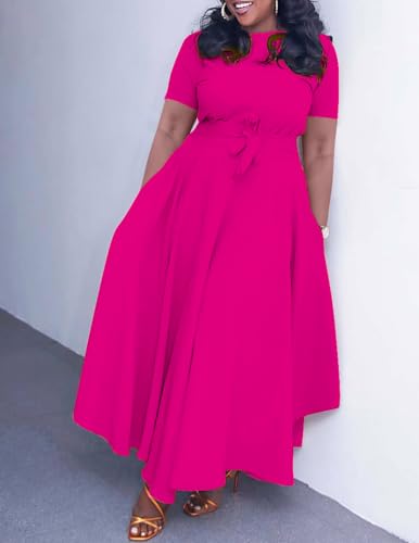 Image of Hostoyo Women Plus Size Formal A Line Maxi Dress Self Tie Waist with Pockets Elegant Round Neck Swing Long Dresses
