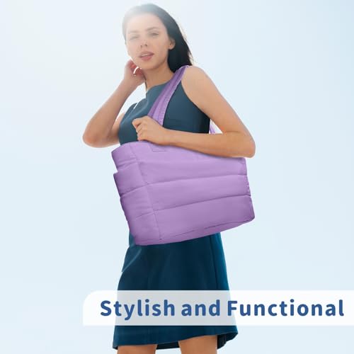 TOPDesign Puffer Tote Bag for Women, Lightweight Puffy Handbag with Compartments & Cosmetic Bag, Quilted Shoulder Bags for Work, Travel, Gym, Gifting (L Light Purple) by TOPDesign - Image 3