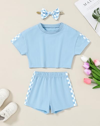 Image of SANMIO Toddler Girl Clothes Summer 3 Piece Outfits Cute | Short Sleeves Checkered Tops Shorts and Headband Girls Clothing Set