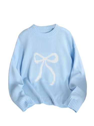 Image of BEAUDRM Girl's Bow Sweater Crew Neck Cute Sweaters Long Sleeve Knit Pullovers Sweater