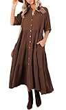 R.Vivimos Women's Summer Cotton Half Sleeves Button Down Casual Loose Slit Midi Dress with Pockets (Medium, Brown)