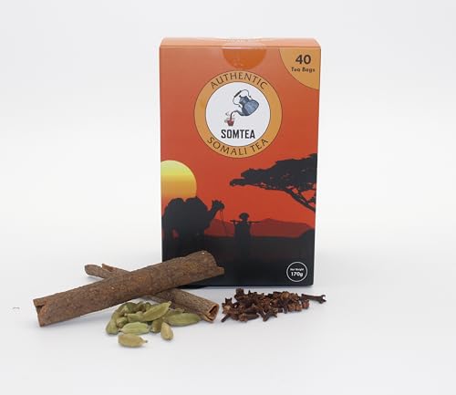 Spiced Somali Tea AKA Shaah Somali - Perfect Alternative To Chai - 40 Tea Bags - Black Tea With Cinnamon, Cardamom, and Cloves