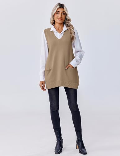 Zeagoo V Neck Sweaters for Women Fall Sleeveless Vest Oversized Knit Wear Business Casual Outfit Khaki4