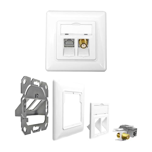 ProfiPatch Netzwerkdose unterputz Cat6A sat dose 500MHz Keystone LAN Dose CAT7, CAT6A, CAT6,CAT5 2 Port RJ45 Anschluss + SAT Anschluss Oben hinten POE LAN Steckdose Aufputz geschirmt rj45 dose weiß