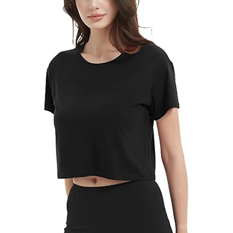 netdraw Women's Ultra-Soft Bamboo Workout Crop Top Short Sleeve Relaxed Fit Cropped Basic Casual T-Shirt, Black, M Cover