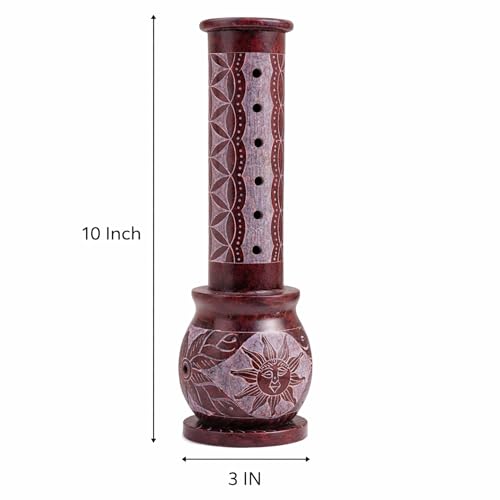 Image of Marble Soapstone Incense Holder, Red, 3x3x10 Inches | Handmade, Sunshine Design, Round Carving, Candle Burner, Tea Light Holder