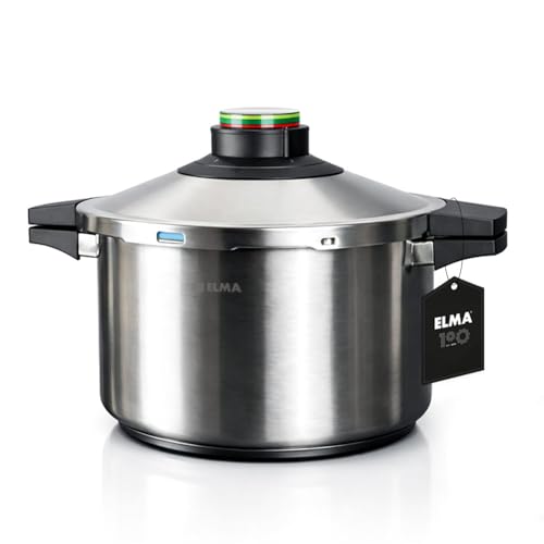 ELMA Olla a Presión Prêst de 6 Litros, Ø24 cm | Acero Inoxidable 18/10, Fondo Encapsulado Apto Inducción, 2 Modos de Cocción, Triple Sistema de Seguridad, Tapa de Cristal Incluida