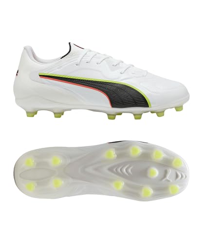PUMA Chaussures de Football Unisexe King 20 Pro FG/AG, Blanc/Rouge et Jaune Alert, 41 EU, Puma Alerte Blanche, Rouge, Jaune, 42.5 EU