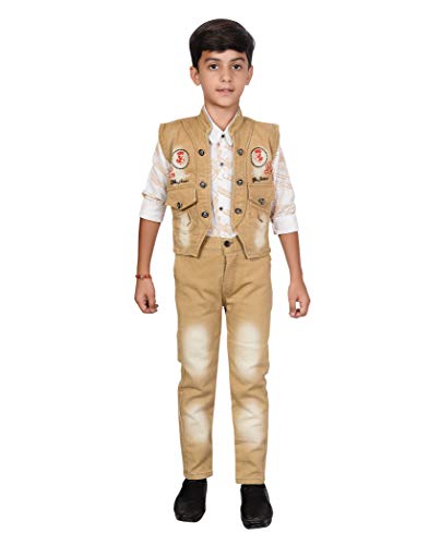 Image of AHHAAAA Kids Ethnic Cotton Blend Waistcoat Shirt and Denim Pant for boys 680S