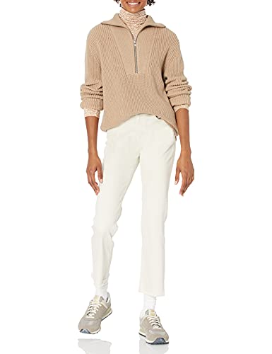 Image of Cable Stitch Women's Half Zip Cotton Pullover Sweater - Solid V-Neck Collar Loose Rib-Knit Long Sleeve Top