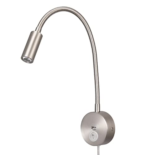 Ritona Wandleselampe Ladegerät USB-Ladeanschluss Touch-Schalter LED 3W Warmweiß 3000K 110-240V AC-Eingang EU-Steckerkabel Matt Weiß (Nickel USB Rocker Switch)