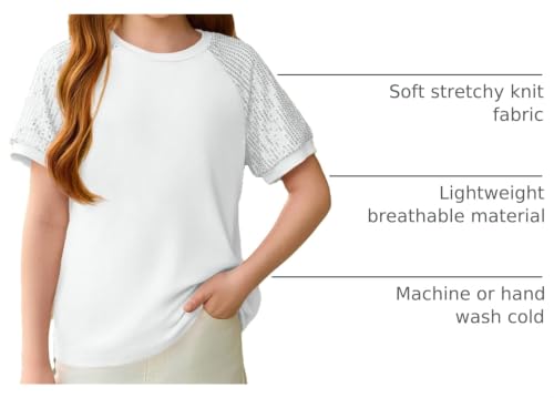 Image of Haloumoning Girls Sequin Short Sleeve T Shirts Kids Summer Crewneck Tops Fashion Tees 5-14 Years