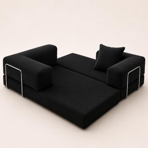 Image of 3 Seater Sofa Cum Bed with Soft Foam & Premium Velvet Fabric | Foldable Convertible Sofa Bed | Sturdy Metal Frame | Comfortable Cushions | Pre-Assembled | Black