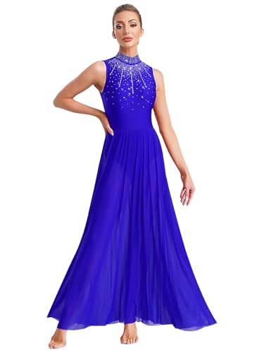 Fldy Vestido de danza lírico largo para mujer, vestido de ballet con purpurina, sin mangas, falda maxi, estilo contemporáneo, disfraz de danza, azul, M