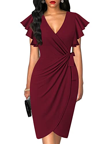 Image of oten Womens Deep V Neck Ruffle Sleeve Sheath Casual Cocktail Party Work Faux Wrap Dress