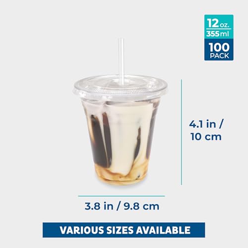 Image of Freshware 12 oz Clear Disposable Plastic Cups with Flat Lids and Straws, 100 Pack Clear Plastic Cups Tumblers, Heavy-duty Party Glasses, Disposable Cups for Thanksgiving, Halloween, Christmas Party