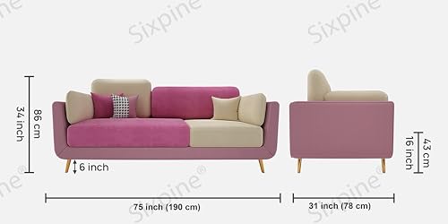 Image of Sixpine Luxury Dual Color Upholstery Sofa in Premium Velvet | Solid Wood Structure | Sturdy Golden Legs | High Density Foam | Extra Comfort for Modern Living Room (Pink & Beige, 3 Seater)