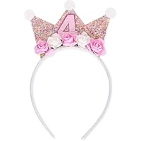 Febbya Geburtstagskrone,Krone Geburtstag Mädchen Krone Glitzer Tiara mit Rose Blumen Mädchen Geburtstag Stirnband Partyhut Rosa Kleinegeburtstag Krone für 4 Jahr Baby Kinder Geburtstag Party