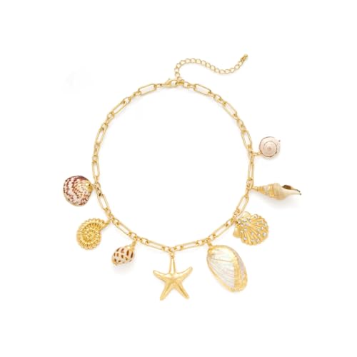 Hanaoops Collier à Breloques pour Femmes Perles étoile de Mer Coquillage or 14 Carats Colliers avec Pendentif Bohème Bijoux Plage d'Été Cadeau pour Filles...