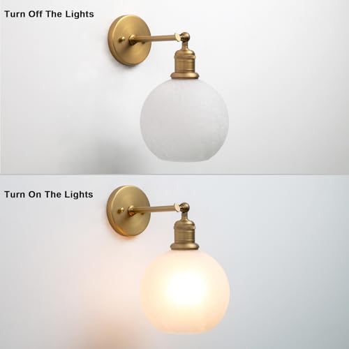 Image of Yosoan Brass Gold Wall Sconce with Ice Crackle Round Shade, 1-Light Antique Indoor Hardwired Vanity Lamp Wall Mount Vintage Industrial Light with Glass Shade for Bathroom Sink Kitchen Bedroom Hallway