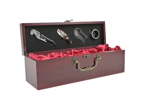 ASC Wine Presentation Box, Detailed Ornate Metal Handle and Clasp, Case with Accessories, Velvet Lined, Wine Gift Box