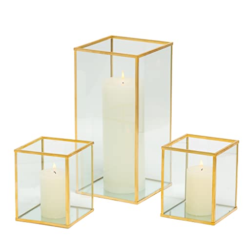 Yshengood Glass Hurricane Candle Holder Set Of 3 Pcs, Gold Frame And Glass Hurricane Candleholders #TOP6