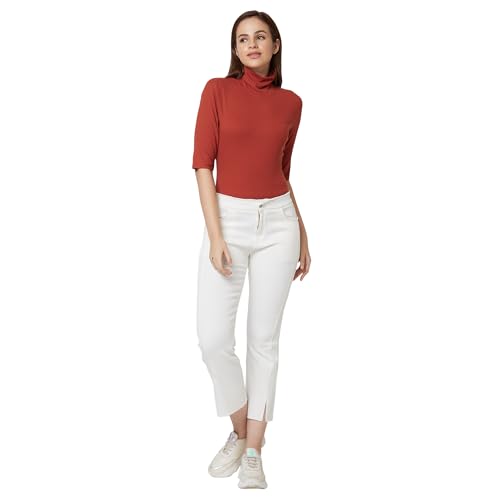 Image of Spykar High Neck 3 /4Th Sleeve Solid Slim Fit T-Shirt for Women